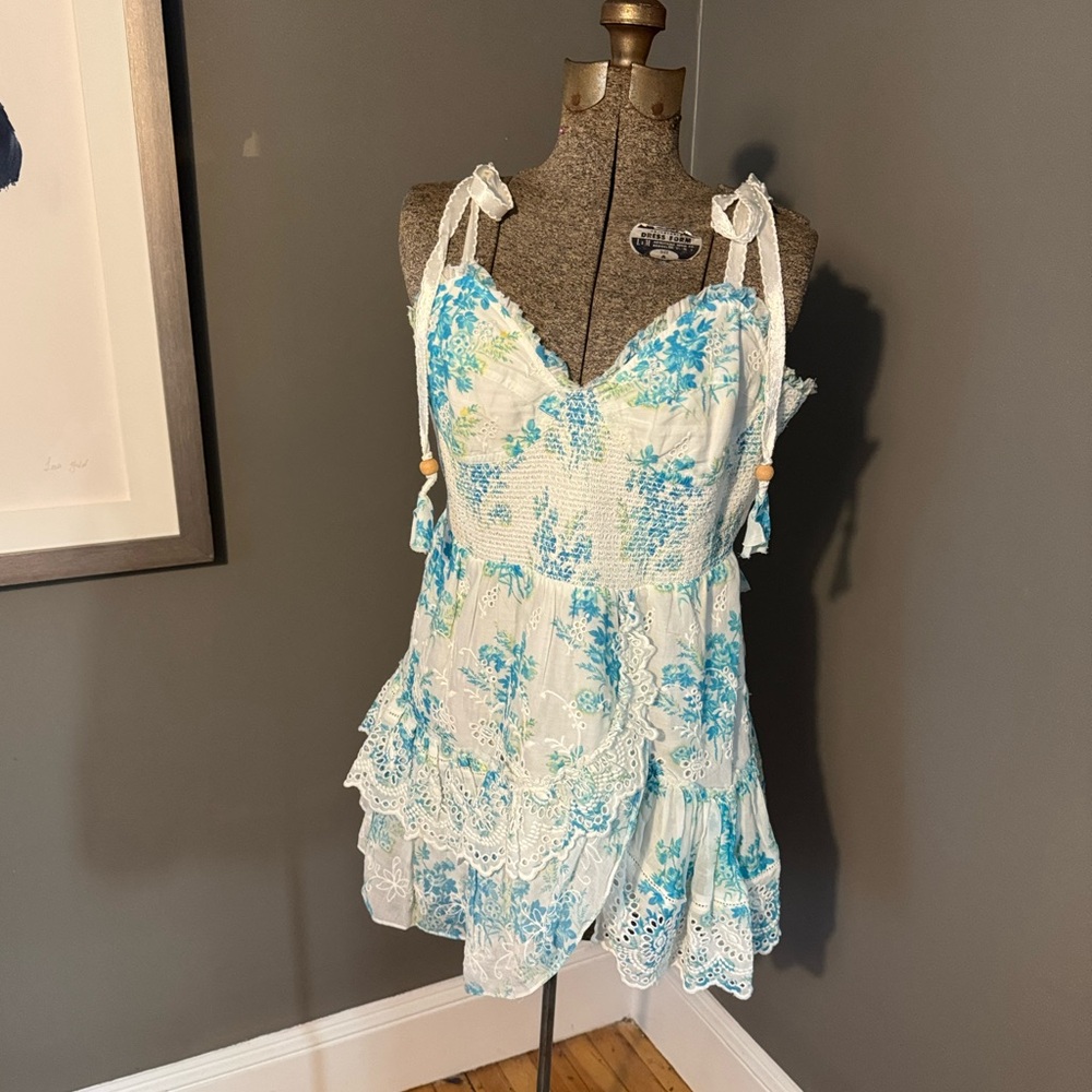 LoveShackFancy Olani Smocked Ruffles Eyelets Cute Tie Shoulder Mini Dress XL